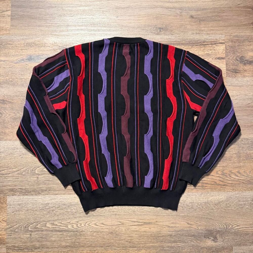 Vintage 1990’s Y2K Coogie Style Abstract Striped Sweater Size L Black Purple Red - Picture 4 of 6